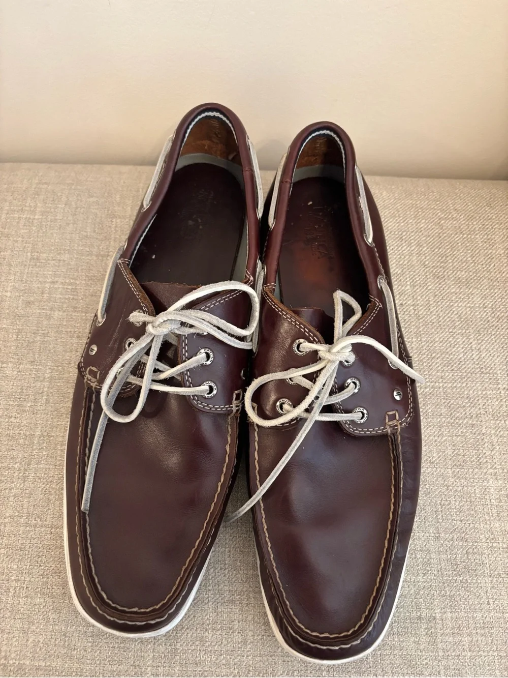 Nautica Hyannis Mens 13 Brown Leather Slip On Deck Shoes Rawhide Laces
